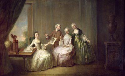 Familie in een interieur met eekhoorns, mogelijk de familie Burton uit Eltham, Kent, 1755-60 door Philippe Mercier